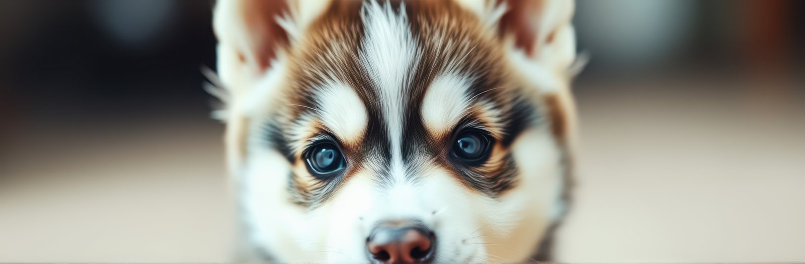 Cute puppy gazing curiously at the camera with expressive blue eyes in a cozy indoor setting
